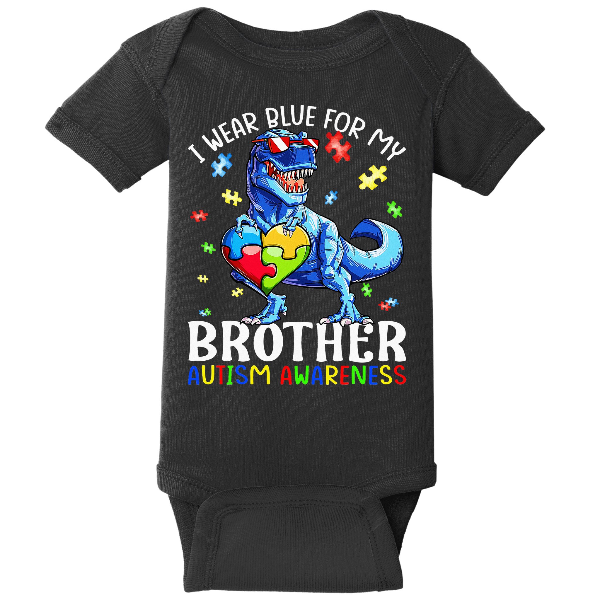 I Wear Blue For My Brother Autism Awareness Dinosaur Baby Bodysuit