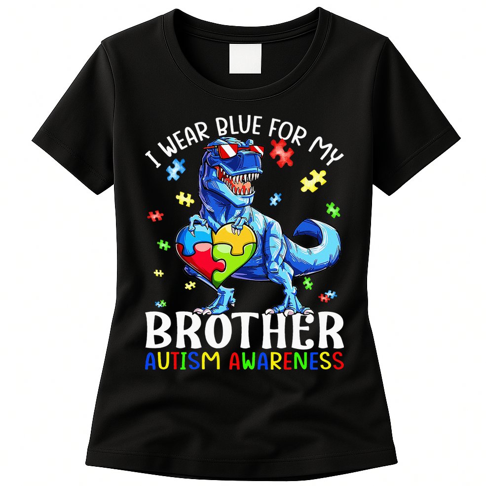 I Wear Blue For My Brother Autism Awareness Dinosaur Womens T-Shirt