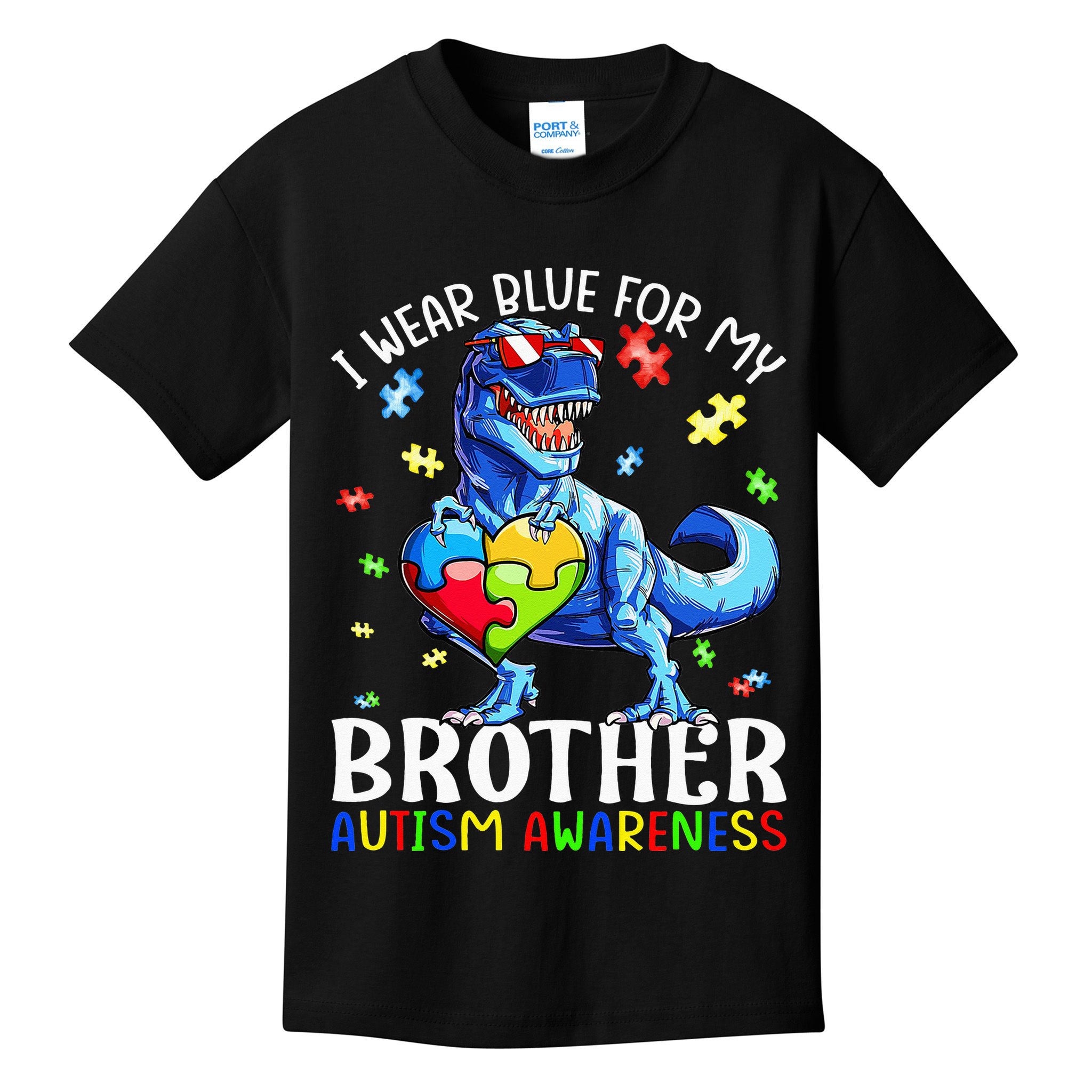 I Wear Blue For My Brother Autism Awareness Dinosaur Kids T-Shirt