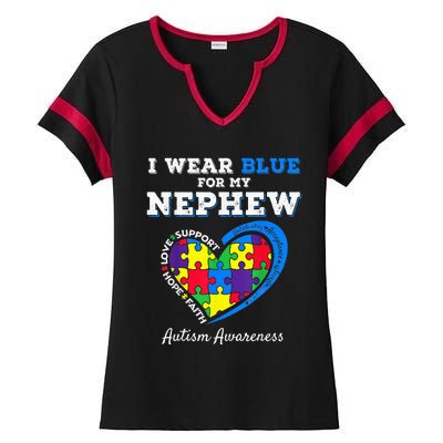 I Wear Blue For My Nephew Autism Awareness Uncle Aunt Ladies Halftime Notch Neck Tee