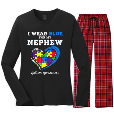 I Wear Blue For My Nephew Autism Awareness Uncle Aunt Women's Long Sleeve Flannel Pajama Set 