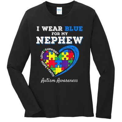 I Wear Blue For My Nephew Autism Awareness Uncle Aunt Ladies Long Sleeve Shirt