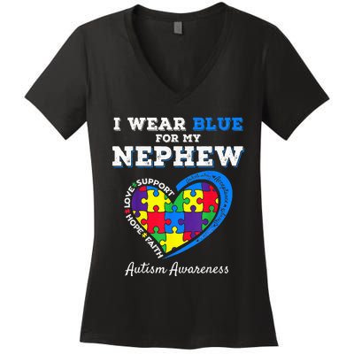 I Wear Blue For My Nephew Autism Awareness Uncle Aunt Women's V-Neck T-Shirt