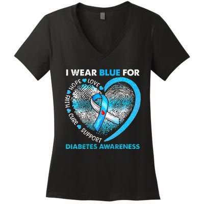 I Wear Blue For Diabetes Awareness Heart Blue Ribbon Women's V-Neck T-Shirt