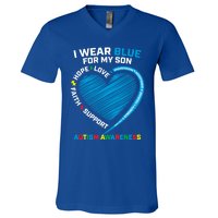 I Wear Blue For My Son Autism Awareness Proud Mom Dad Puzzle Gift V-Neck T-Shirt