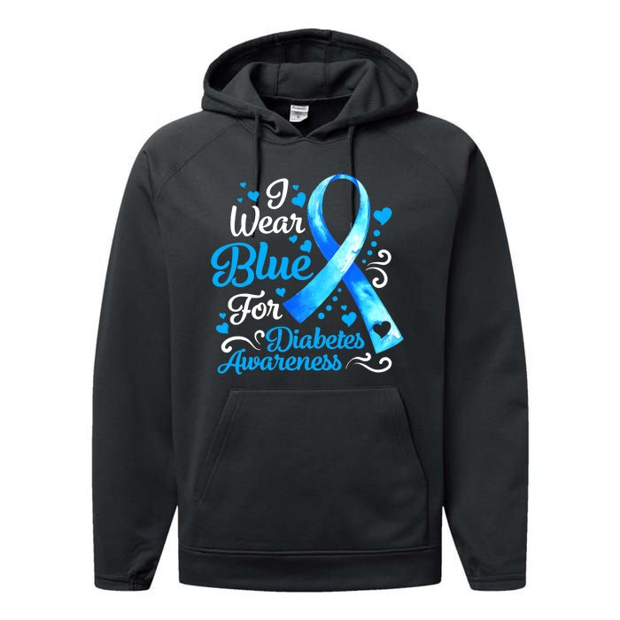 I Wear Blue For Diabetes Awareness Blue Ribbon Womens Performance Fleece Hoodie