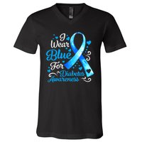 I Wear Blue For Diabetes Awareness Blue Ribbon Womens V-Neck T-Shirt