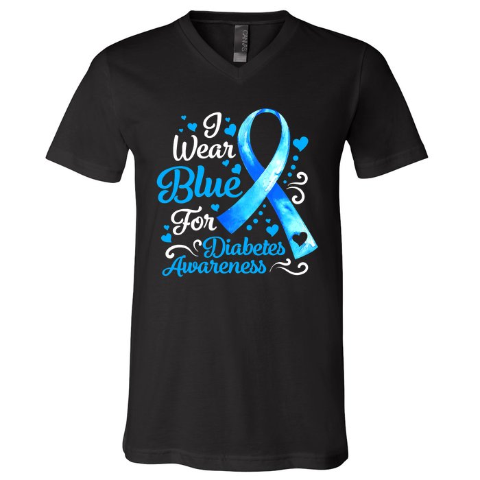 I Wear Blue For Diabetes Awareness Blue Ribbon Womens V-Neck T-Shirt