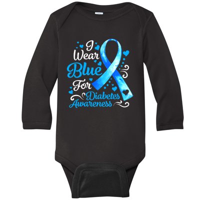 I Wear Blue For Diabetes Awareness Blue Ribbon Womens Baby Long Sleeve Bodysuit