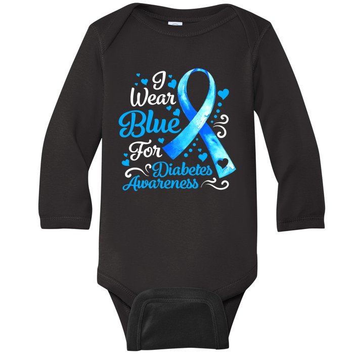 I Wear Blue For Diabetes Awareness Blue Ribbon Womens Baby Long Sleeve Bodysuit