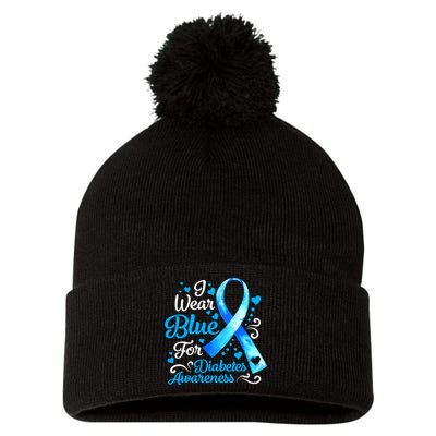 I Wear Blue For Diabetes Awareness Blue Ribbon Womens Pom Pom 12in Knit Beanie