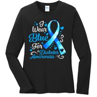 I Wear Blue For Diabetes Awareness Blue Ribbon Womens Ladies Long Sleeve Shirt