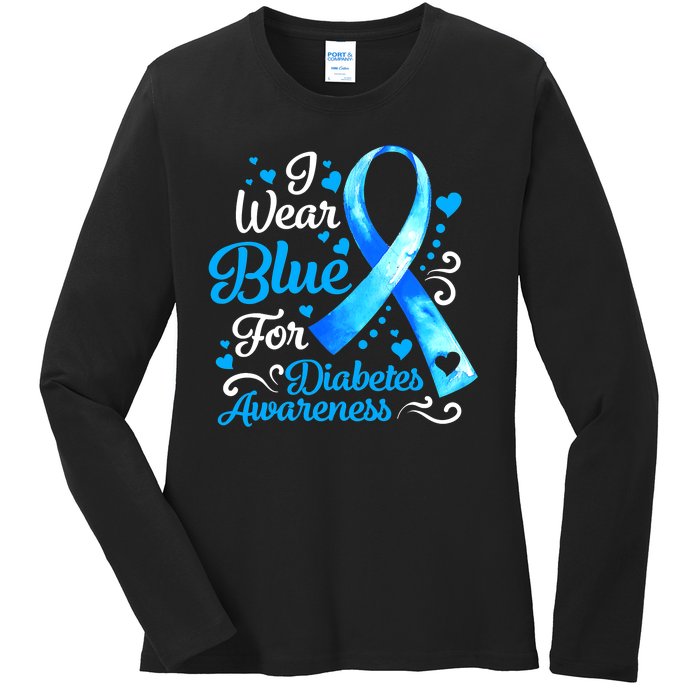 I Wear Blue For Diabetes Awareness Blue Ribbon Womens Ladies Long Sleeve Shirt