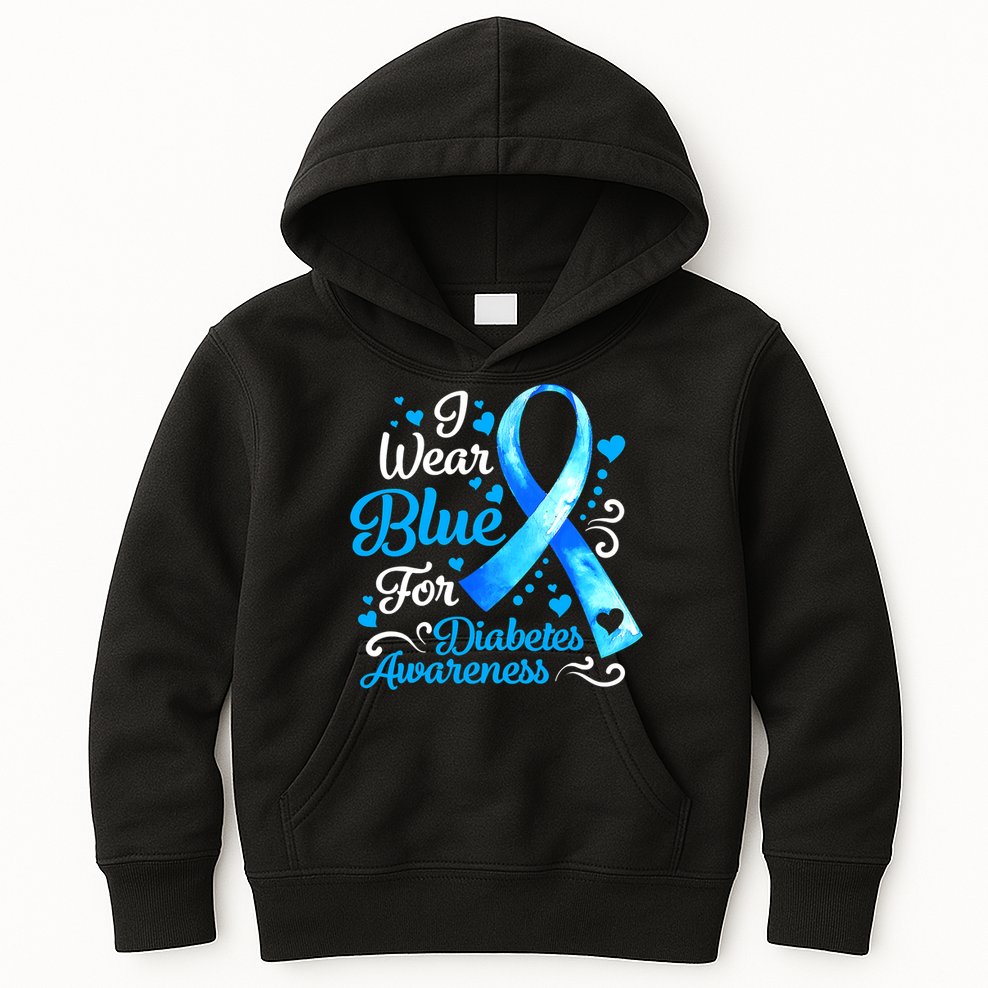I Wear Blue For Diabetes Awareness Blue Ribbon Womens Kids Hoodie