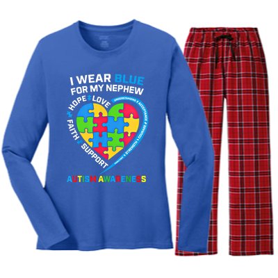 I Wear Blue For My Nephew Autism Awareness Month Uncle Aunt Gift Women's Long Sleeve Flannel Pajama Set 