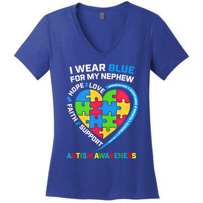 I Wear Blue For My Nephew Autism Awareness Month Uncle Aunt Gift Women's V-Neck T-Shirt