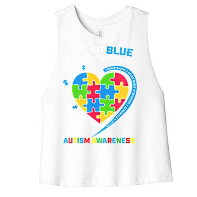 I Wear Blue For My Nephew Autism Awareness Month Uncle Aunt Gift Women's Racerback Cropped Tank