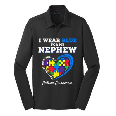 I Wear Blue For My Nephew Autism Awareness Uncle Aunt Puzzle Cute Gift Silk Touch Performance Long Sleeve Polo