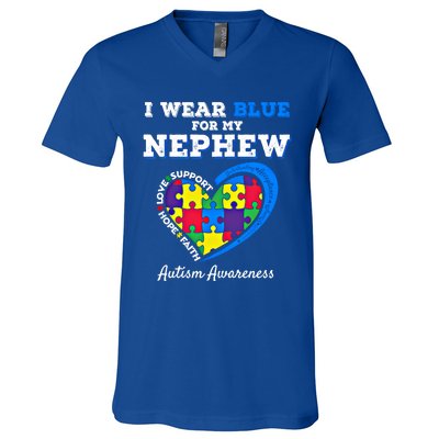 I Wear Blue For My Nephew Autism Awareness Uncle Aunt Puzzle Cute Gift V-Neck T-Shirt