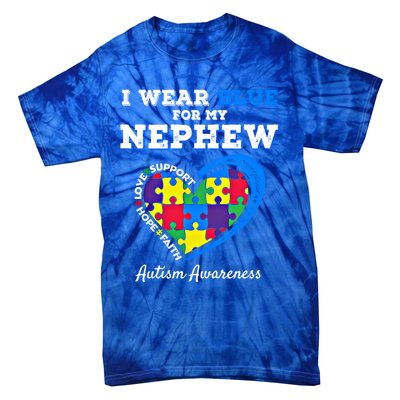 I Wear Blue For My Nephew Autism Awareness Uncle Aunt Puzzle Cute Gift Tie-Dye T-Shirt