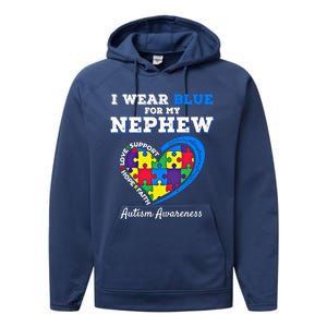 I Wear Blue For My Nephew Autism Awareness Uncle Aunt Puzzle Cute Gift Performance Fleece Hoodie