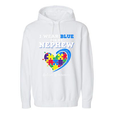 I Wear Blue For My Nephew Autism Awareness Uncle Aunt Puzzle Cute Gift Garment-Dyed Fleece Hoodie