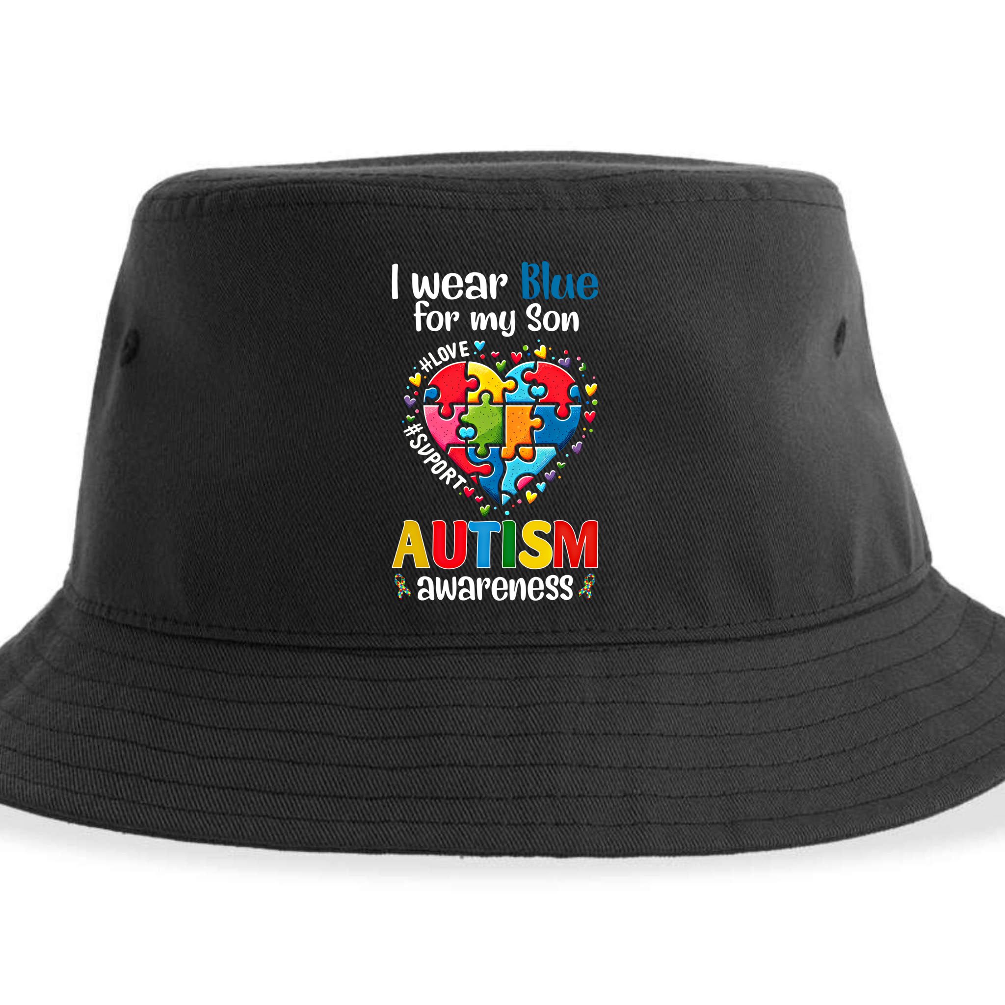 I Wear Blue For My Son Autism Awareness Big Pice Heart Funny Gift Sustainable Bucket Hat