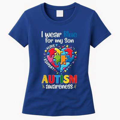 I Wear Blue For My Son Autism Awareness Big Pice Heart Funny Gift Womens T-Shirt