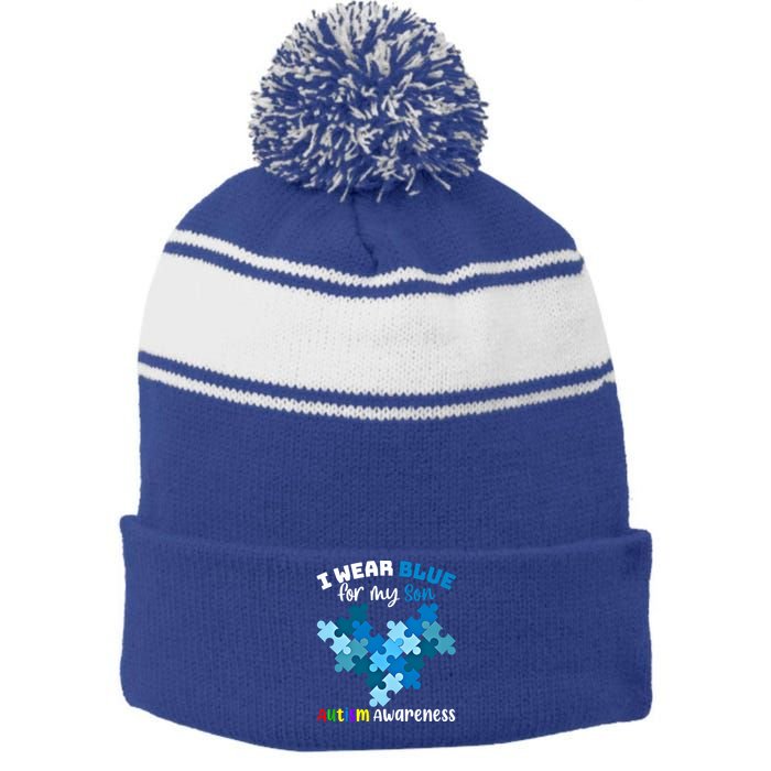 I Wear Blue For My Son Autism Awareness Family Matching Gift Stripe Pom Pom Beanie