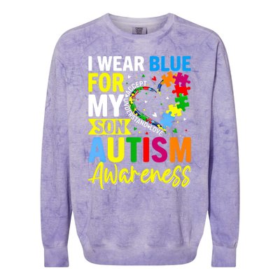 I Wear Blue For My Son Autism Awareness Graphic Gift Colorblast Crewneck Sweatshirt