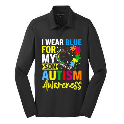 I Wear Blue For My Son Autism Awareness Graphic Gift Silk Touch Performance Long Sleeve Polo