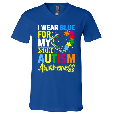 I Wear Blue For My Son Autism Awareness Graphic Gift V-Neck T-Shirt