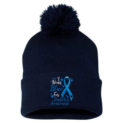 I Wear Blue For Diabetes Ribbon Awareness Pom Pom 12in Knit Beanie