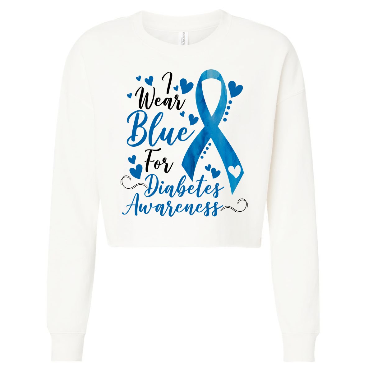 I Wear Blue For Diabetes Ribbon Awareness Cropped Pullover Crew
