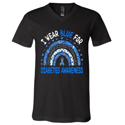 I Wear Blue For Diabetes Awareness Rainbow  V-Neck T-Shirt