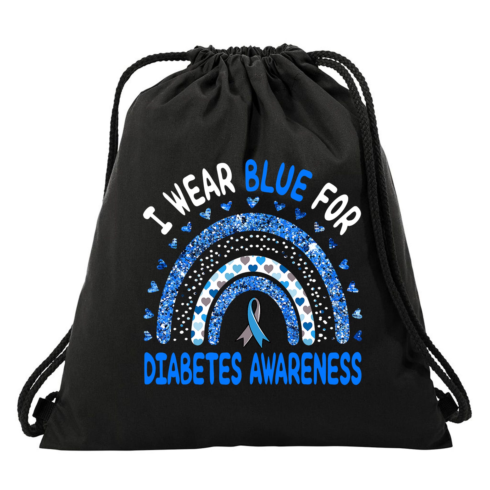 I Wear Blue For Diabetes Awareness Rainbow  Drawstring Bag