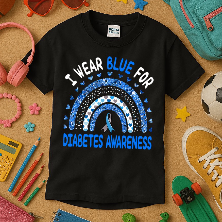 I Wear Blue For Diabetes Awareness Rainbow  Kids T-Shirt