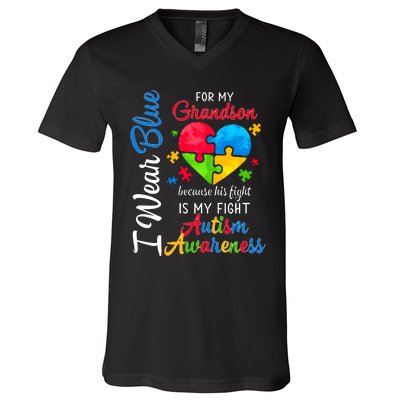 I Wear Blue For My Grandson Autism Awareness V-Neck T-Shirt