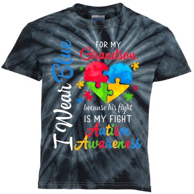 I Wear Blue For My Grandson Autism Awareness Kids Tie-Dye T-Shirt