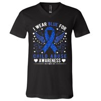 I Wear Blue For Child Abuse Awareness Month Blue Ribbon V-Neck T-Shirt