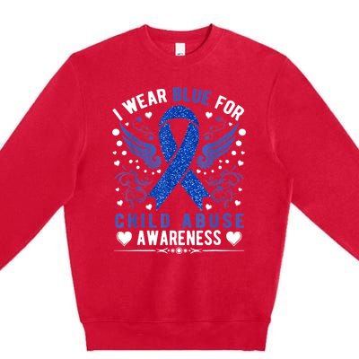 I Wear Blue For Child Abuse Awareness Month Blue Ribbon Premium Crewneck Sweatshirt