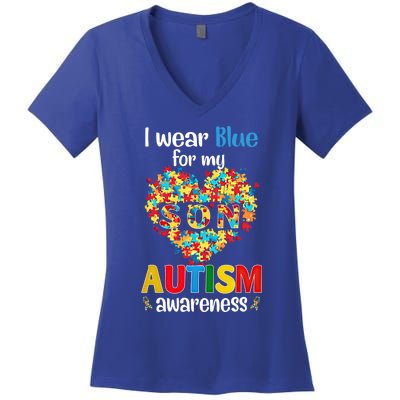 I Wear Blue For My Son Autism Awareness Pluzze Heart Gift Women's V-Neck T-Shirt