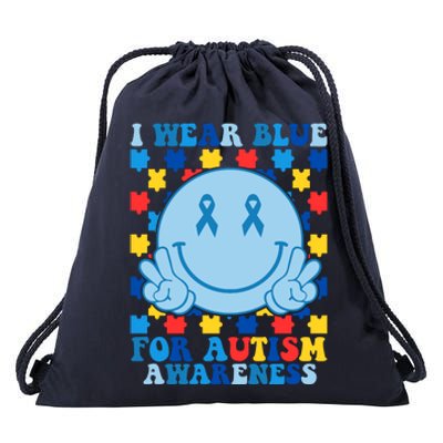 I Wear Blue For Autism Awareness Month Smile Peace Drawstring Bag