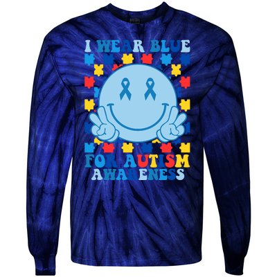 I Wear Blue For Autism Awareness Month Smile Peace Tie-Dye Long Sleeve Shirt