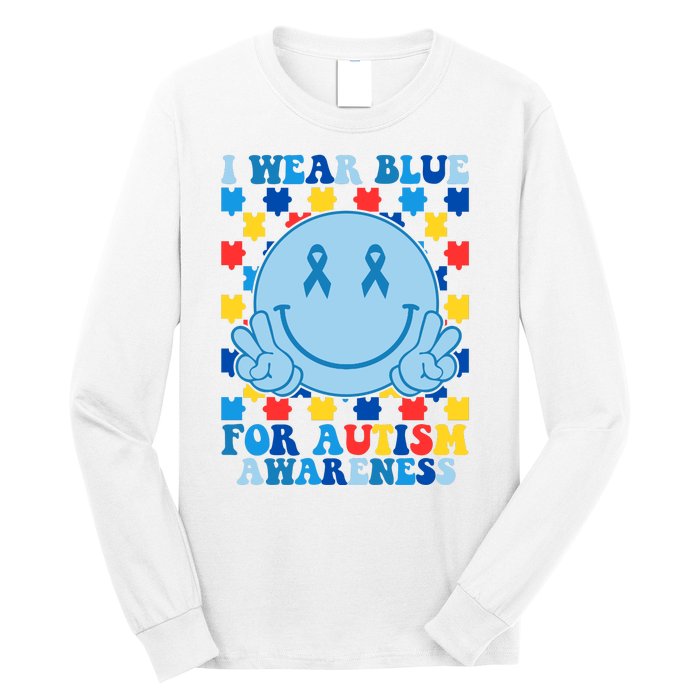 I Wear Blue For Autism Awareness Month Smile Peace Long Sleeve Shirt