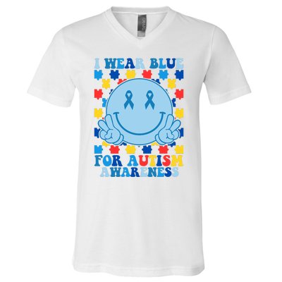 I Wear Blue For Autism Awareness Month Smile Peace V-Neck T-Shirt