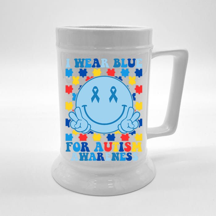 I Wear Blue For Autism Awareness Month Smile Peace Beer Stein