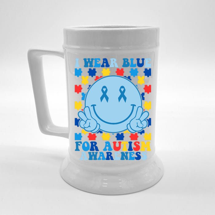 I Wear Blue For Autism Awareness Month Smile Peace Beer Stein