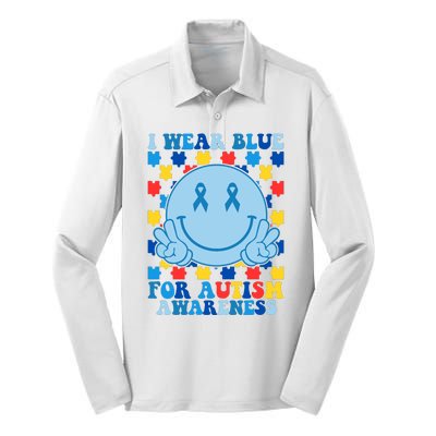 I Wear Blue For Autism Awareness Month Smile Peace Silk Touch Performance Long Sleeve Polo