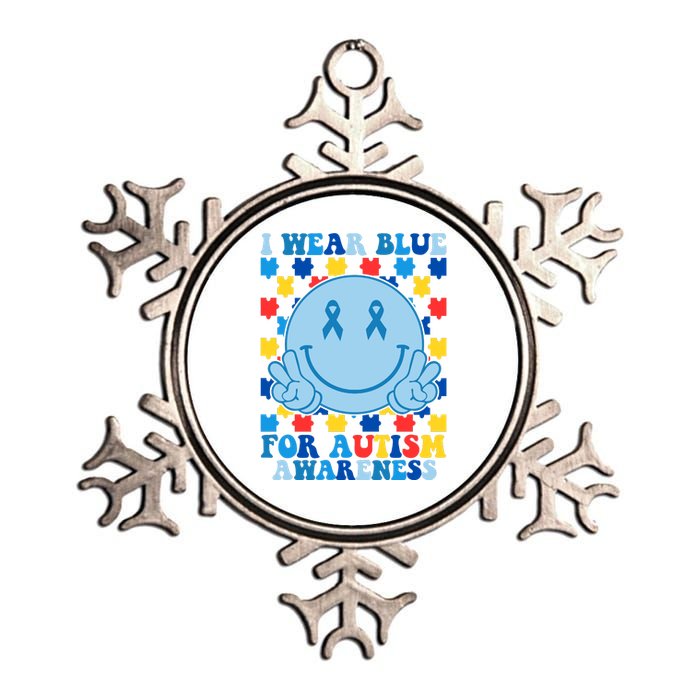 I Wear Blue For Autism Awareness Month Smile Peace Metallic Star Ornament